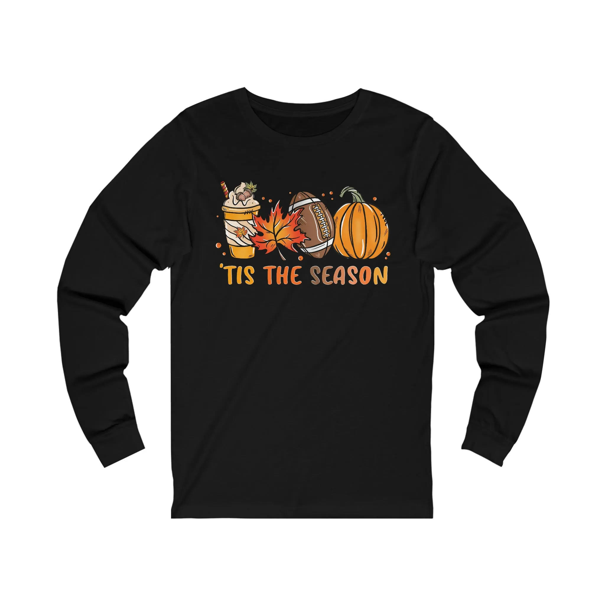 Fall Tis the Season Graphic Long Sleeve T-Shirt Retro Colorful Football Leaves Pumpkin Latte