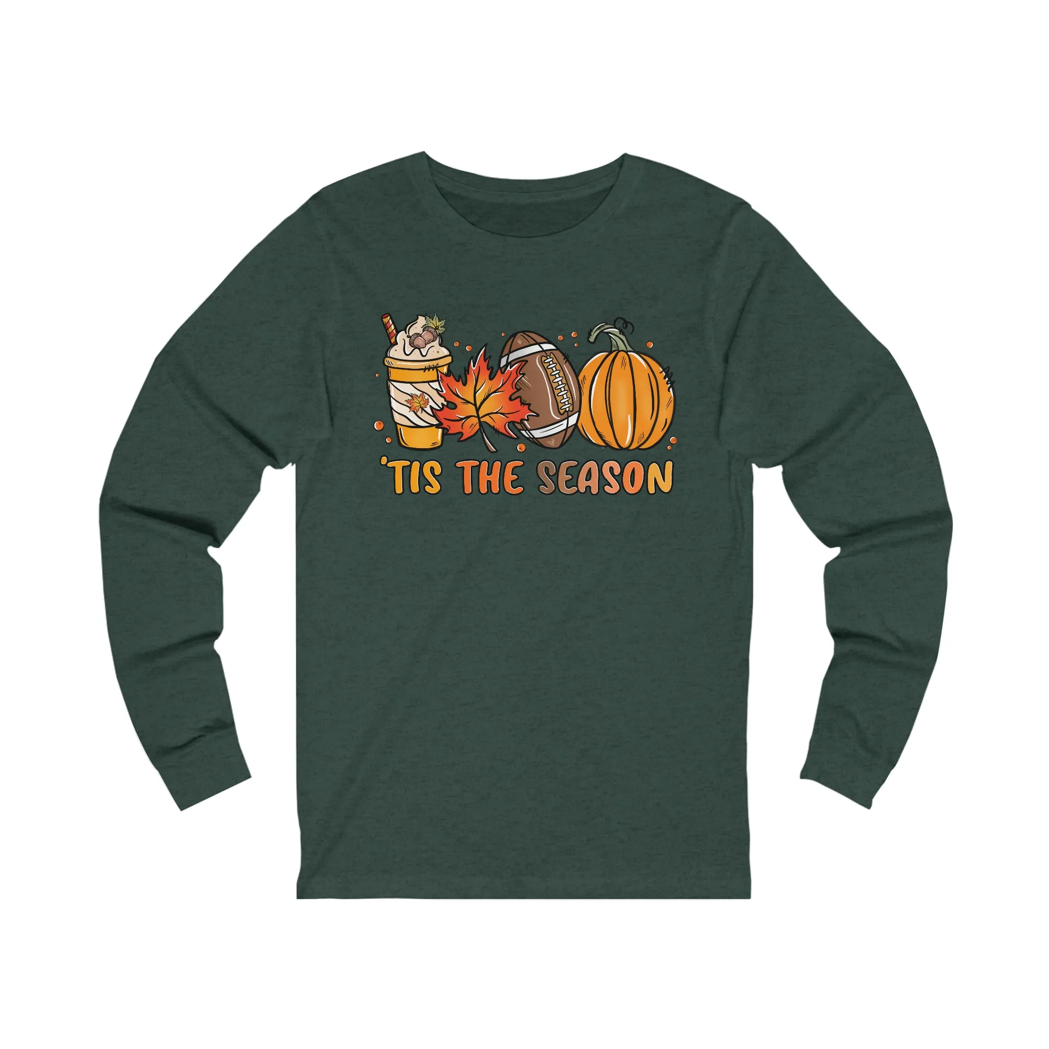 Fall Tis the Season Graphic Long Sleeve T-Shirt Retro Colorful Football Leaves Pumpkin Latte