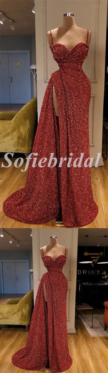 Sexy Rust Sequin Spaghetti Straps V-Neck Side Slit Mermaid Long Prom Dresses,SFPD0584